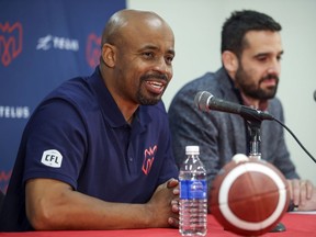 Montreal Alouettes head coach Khari Jones, left, and team president and CEO Patrick Boivin at their end-of-season news conference in Montreal on Nov. 15, 2019.