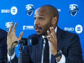 French soccer legend Thierry Henry answers questions at news conference introducing him as the Montreal Impact's head coach in Montreal on Nov. 18, 2019.