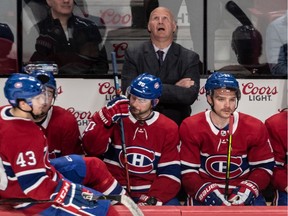 Canadiens head coach Claude Julien looks up at the scoreboard in the dying seconds of an 8-1 loss to the Boston Bruins  at the Bell Centre in Montreal on Tuesday, Nov.  26, 2019.