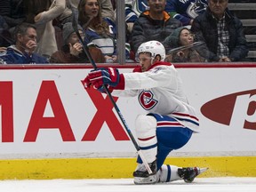 The Canadiens’ Nick Cousins celebrates after scoring a goal against the Canucks during NHL game at the Rogers Arena in Vancouver on Dec. 17, 2019.