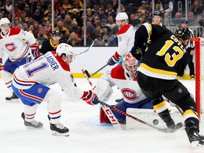 Canadiens' Carey Price  saves a shot on goal from Charlie Coyle of the Bruins during the first period at Boston's TD Garden on Sunday, Dec. 1, 2019.