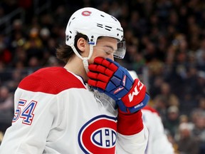 BOSTON, MASSACHUSETTS - DECEMBER 01: Charles Hudon #54 of the Montreal Canadiens reacts during the third period of the game against the Boston Bruins at TD Garden on December 01, 2019 in Boston, Massachusetts. The Bruins defeat the Canadiens 3-1.