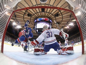 Chris Kreider of the New York Rangers moves in on Carey Price of the Montreal Canadiens during the second period at Madison Square Garden on Dec. 6, 2019, in New York City.