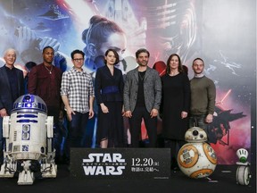 Anthony Daniels, John Boyega, J.J. Abrams, Daisy Ridley, Oscar Isaac, Katherine Kennedy and Chris Terrio with Star Wars characters R2-D2, BB-8 and D-O attend the press conference for 'Star Wars: The Rise of Skywalker' at Toho Cinemas Roppongi on December 12, 2019 in Tokyo, Japan.