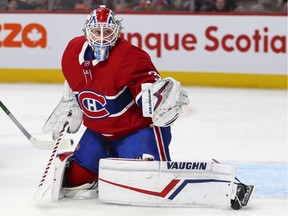 Montreal Canadiens' Keith Kinkaid watches the puck go into the corner during game against the Philadelphia Flyers in Montreal on Nov. 30, 2019.
