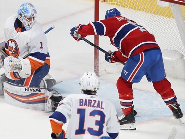 Brendan Gallagher (11) looks to score on New York Islanders goaltender Thomas Greiss, during second period NHL action in Montreal on Tuesday December 03, 2019.