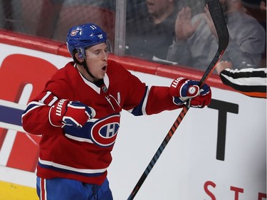 Brendan Gallagher (11) celebrates his goal against the New York Islanders during second period NHL action in Montreal on Tuesday December 03, 2019.