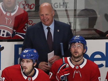 Montreal Canadiens coach Claude Julien is all smiles following goal by Montreal Canadiens' Phillip Danault, during first period NHL action in Montreal on Tuesday December 03, 2019.