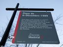 The sign in the park now recognizes the École Polytechnique shooting as an 