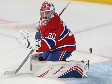 Montreal Canadiens goaltender Cayden Primeau during warmup session before game against the Colorado Avalanche, in NHL action in Montreal on starting December 05, 2019.