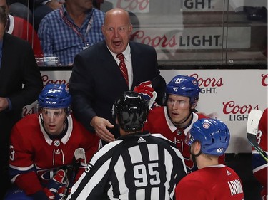 Montreal Canadiens coach Claude Julien is not to happy as he screams out to the referee during third period NHL action in Montreal on Thursday December 05, 2019.