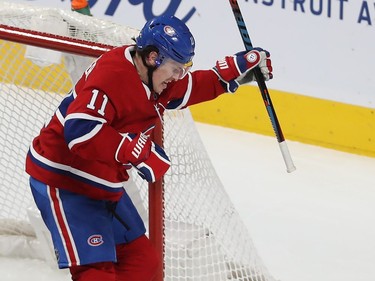 Brendan Gallagher (11) celebrates his goal after scoring on Colorado Avalanche goaltender Pavel Francouz, during second period NHL action in Montreal on Thursday December 05, 2019.