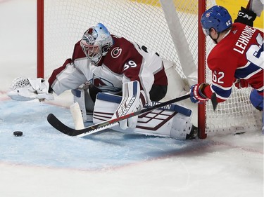 Artturi Lehkonen (62) shoots on Colorado Avalanche's Pavel Francouz during second period NHL action in Montreal on Thursday December 05, 2019.