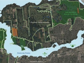 Montreal's executive committee adopted two resolutions for the purchase of nearly 25 hectares in the borough of L'Île-Bizard—Ste-Geneviève for a total amount of $1 million. The two new lots (shaded orange) help consolidate the territory of Grand Parc de l'Ouest.