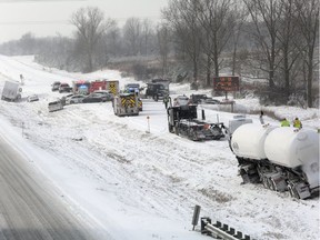 Police and emergency services respond to a multi-vehicle collision in the westbound lanes of Highway 401 just east of Deseronto early Wednesday afternoon. The OPP have closed the lanes as they investigate.