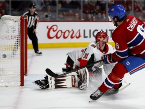 Canadiens defenscman Ben Chiarot scores the winning goal in overtime past Senators goaltender Anders Nilsson Wednesday night at the Bell Centre.