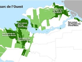 With over 3,000 hectares, Grand Parc de l'Ouest will become Canada's largest municipal park. It will bring together the nature parks of Anse-à-l'Orme, Bois-de-l'Ile-Bizard, Bois-de-la-Roche, Cap-Saint-Jacques and Rapides-du-Cheval-Blanc.