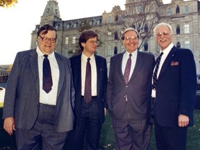 Newly elected Equality Party MNAs, from left, Neil Cameron, party leader Robert Libman, Richard Holden and Gordon Atkinson pose at the National Assembly in Quebec City on Oct. 13, 1989.