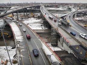 Traffic at at the intersections of Highways 15, 720 and 20 during the reconstruction of the Turcot Interchange on Dec. 9, 2019.