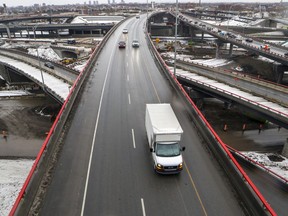 Traffic heads in various directions at the intersections of Highways 15, 720 and 20 during the reconstruction of the Turcot Interchange in Montreal on Dec. 9, 2019.