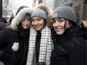 Ontario resident Lily Kisilevich (left) and friends at the SDQC outlet on Ste-Catherine St. on Monday.