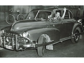 Dec. 10, 1953. "Safe at last," our caption under this photograph said on Dec. 10, 1953. "The inventor of these new fender bumpers claims that cars can be protected from sideswiping and other accidents with these 'bodyguards,'" we reported. The inventor was Montrealer Jack Merson. He told our unnamed photographer that the bumpers were made of "unbreakable" spring steel with a highly polished hard chrome surface that allowed them to take "tremendous punishment." A merry motorist, "Miss Anne Black," waved at the photographer. She was "confident her car fenders are safe at last," we said.