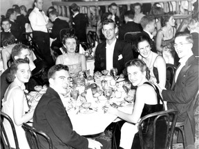 From left to right, front:  Peggy Johannsen, William E. Norrish, Audrey Horsnell, and Lorne Lindsay; from left to right, back: George Archambault, Margery Gaunt, Herbert von Colditz and Ruth Spinney attend McGill University's Junior Prom on Dec. 15, 1939.