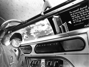 Louis Dudek was one of 20 Montreal poets whose works were displayed on advertising panels on Montreal city buses. This photo was published in the Montreal Gazette on Dec. 14, 1979, along with a story about the Poésie en mouvement project.