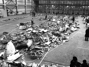 After the Nov. 29, 1963 Trans-Canada Airlines crash in Ste-Thérèse, which killed all 118 people aboard, investigators trying to determine the causes pieced together parts of the plane in a hangar at Montreal International Airport in Dorval. This photo was published in the Montreal Gazette on Dec. 18, 1963.