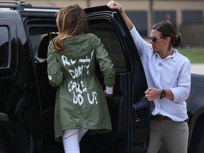 U.S. First Lady Melania Trump departs Andrews Air Force Base in Maryland June 21, 2018 wearing a jacket emblazoned with the words "I really don't care, do you?"