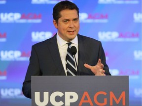 Conservative Leader Andrew Scheer delivers a keynote speech to the UCP annual general meeting in Calgary on Friday.