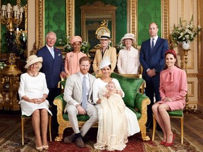 This official christening photograph released by the Duke and Duchess shows Prince Harry, Duke of Sussex and Meghan, Duchess of Sussex with their son, Archie and the Duchess of Cornwall, Britain's Prince Charles, Prince of Wales, Ms Doria Ragland, Lady Jane Fellowes, Lady Sarah McCorquodale, Prince William, Duke of Cambridge and Catherine, Duchess of Cambridge in the Green Drawing Room at Windsor Castle, near London, Britain July 6, 2019. Chris Allerton/Pool via REUTERS   NEWS EDITORIAL USE ONLY. NO COMMERCIAL USE. NO MERCHANDISING, ADVERTISING, SOUVENIRS, MEMORABILIA or COLOURABLY SIMILAR. NOT FOR USE AFTER AFTER 31 DECEMBER, 2019 WITHOUT PRIOR PERMISSION FROM ROYAL COMMUNICATIONS. NO CROPPING. Copyright in this photograph is vested in The Duke and Duchess of Sussex. No charge should be made for the supply, release or publication of the photograph. The photograph must not be digitally enhanced, manipulated or modified in any manner or form and must include all of the individuals in the photograph when published.