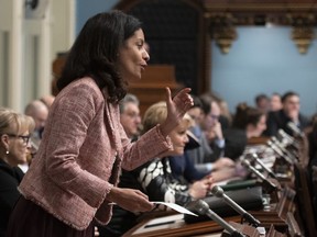 Quebec Liberal Party MNA Dominique Anglade during question period, Wednesday, April 3, 2019 at the legislature in Quebec City. Within days of entering the Quebec Liberal leadership race, Dominique Anglade was hit with a whisper campaign suggesting the colour of her skin and her connection to Montreal hurt her chances of becoming premier.