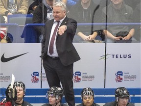 Canada head coach Dale Hunter reacts to a penalty call during third period action against the United States at the World Junior Hockey Championships in Ostrava, Czech Republic, Thursday, Dec. 26, 2019.