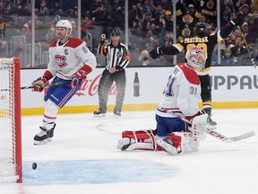 Bruins' David Pastrnak (88) scores a goal past Canadiens goaltender Carey Price during the third period at TD Garden in Boston on Sunday, Dec. 1, 2019.