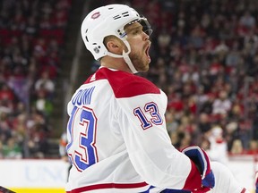 Canadiens' Max Domi celebrates his first-period goal against the Carolina Hurricanes at PNC Arena.