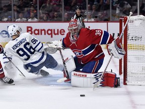 Montreal Canadiens goalie Charlie Lindgren stops Toronto Maple Leafs forward Egor Korshkov during the second period at the Bell Centre on Sept. 23, 2019.