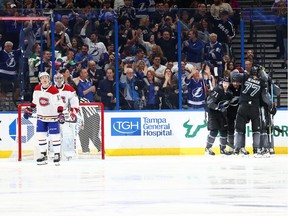 Tampa Bay Lightning's Anthony Cirelli (71) is congratulated as he scores a goal on Montreal Canadiens goaltender Carey Price (31) during the third period at Amalie Arena in Tampa on Saturday, Dec. 28, 2019.