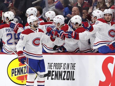 Montreal Canadiens centre Phillip Danault (24) celebrates after scoring a second period goal against the Winnipeg Jets at Bell MTS Place on Dec. 23, 2019.