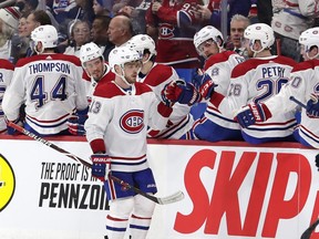 Canadiens centre Max Domi celebrates after scoring against the Winnipeg Jets at Bell MTS Place in Winnipeg on Dec. 23, 2019.