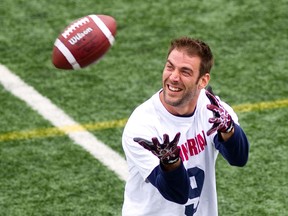 Montreal Alouettes wide-receiver Eric Deslauriers prepares to catch a pass on the sidelines during a practice at Stade Hébert on July 24, 2013.