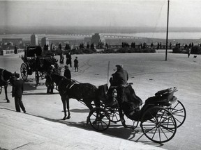 Calèches stand by as visitors to the lookout near the chalet on Mount Royal admire the view, in a photo dated Dec. 8, 1937.