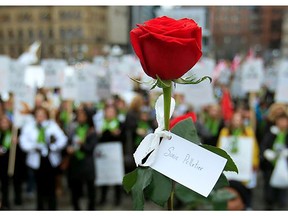 A rose honouring Sonia Pelletier, one of 14 victims of the Montreal Massacre, is pictured during a recent National Day of Remembrance and Action on Violence Against Women.