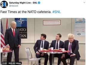 SNL's opening sketch on Dec. 7, 2019 featured Alec Baldwin as Trump, Jimmy Fallon as Trudeau, Paul Rudd as French President Emmanuel Macron, James Corden as British Prime Minister Boris Johnson.