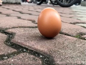 An egg is seen on the ground in Shah Alam, Kuala Lumpur, Malaysia December 26, 2019 in this screen grab obtained from a social media video. HAKEEM MAAROF via REUTERS THIS IMAGE HAS BEEN SUPPLIED BY A THIRD PARTY. MANDATORY CREDIT. NO RESALES. NO ARCHIVES.