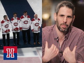 Former Montreal Canadiens on centre ice during a ceremony at the Bell Centre