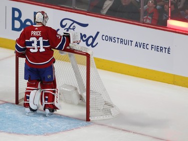 Montreal Canadiens goaltender Carey Price looks at the back of his net after goal from Tampa Bay Lightning's Nikita Kucherov, during first period NHL action in Montreal on Thursday Jan. 2, 2020.