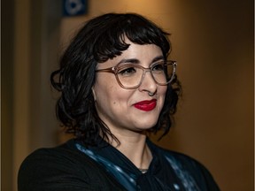 Mélanie Maxine Doucet speaks to the media during a break at commission hearing on Wednesday, Jan. 8, 2020.