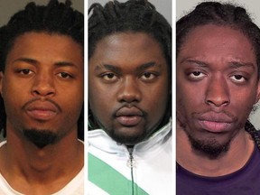 Daniel Amécia, left, Jerry Fleurmeus and Steve Sillion are charged with attempted murder and other crimes in relation to a shooting at Place de la Colombière in Ahuntsic-Cartierville on Thursday, Jan. 9, 2020.