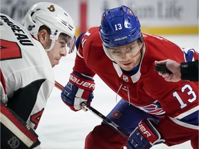 Canadiens centre Max Domi, right, and Senators' Jean-Gabriel Pageau will face off once again on Saturday night in Ottawa.